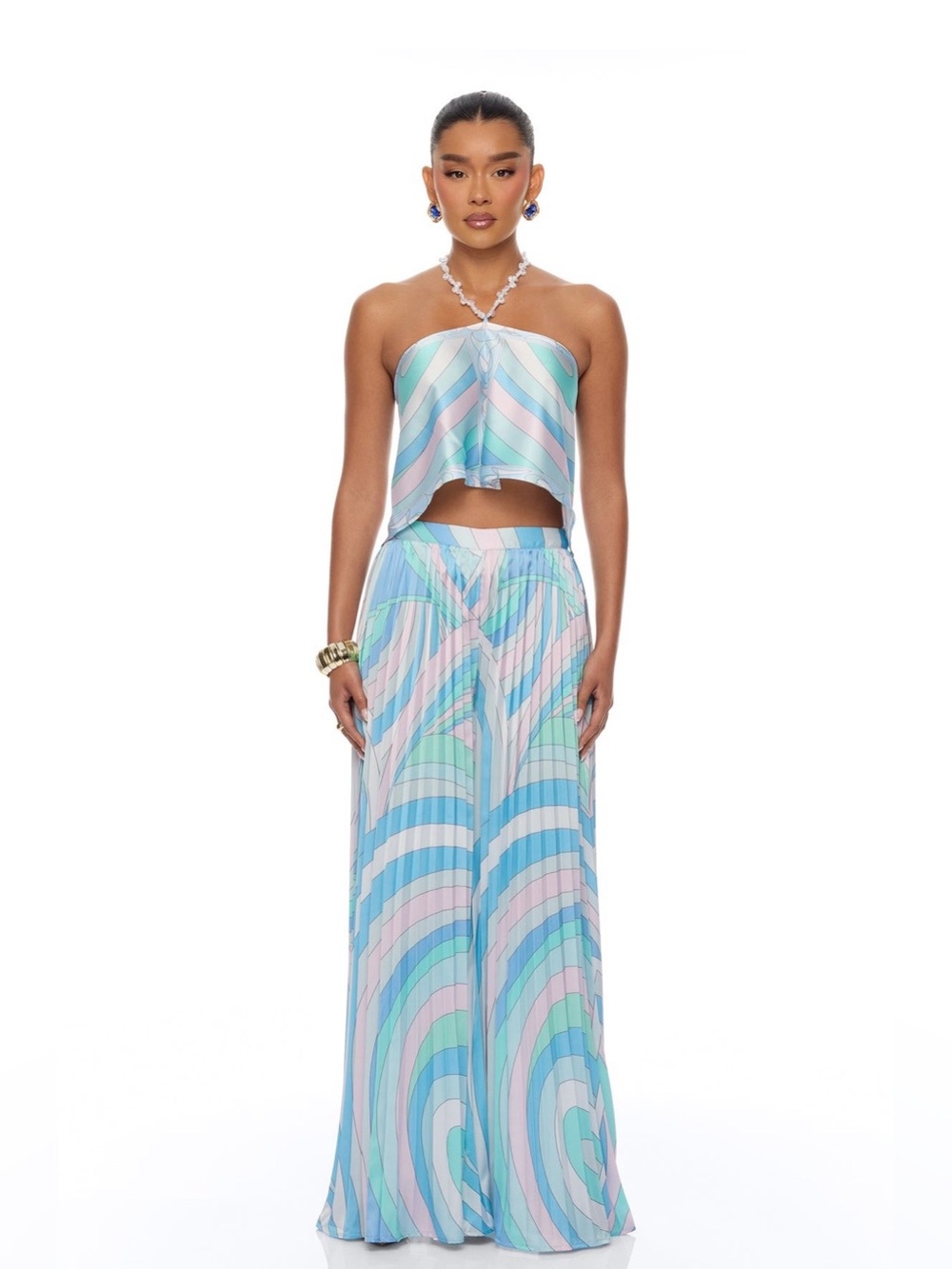 Sadie Pleated Satin Pant Set - Pastel Wave Pleated Set - Blue/Pink/Green - XS